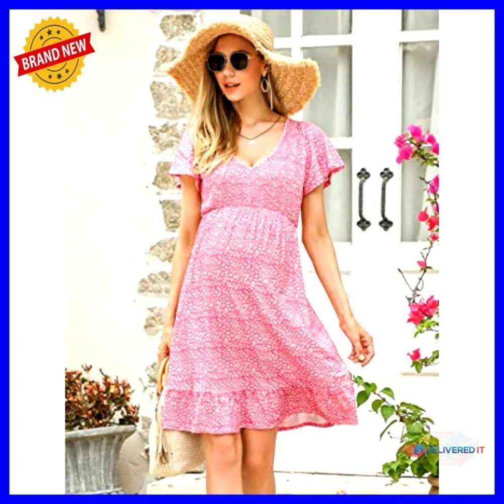 Maternity Midi Dress V-Neck Ruffle Sleeve Smocked Bust Flowy A-Line